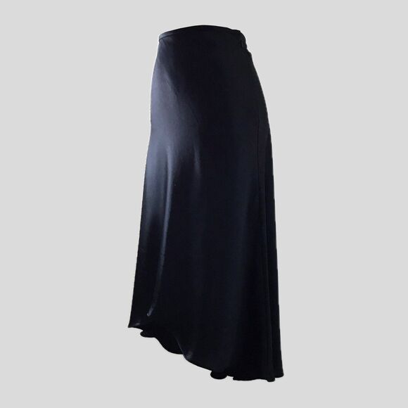 Vintage 1990s ABS Allen Schwartz Black Satin Minimalist Chic Midi Skirt - XS S - Picture 2 of 7